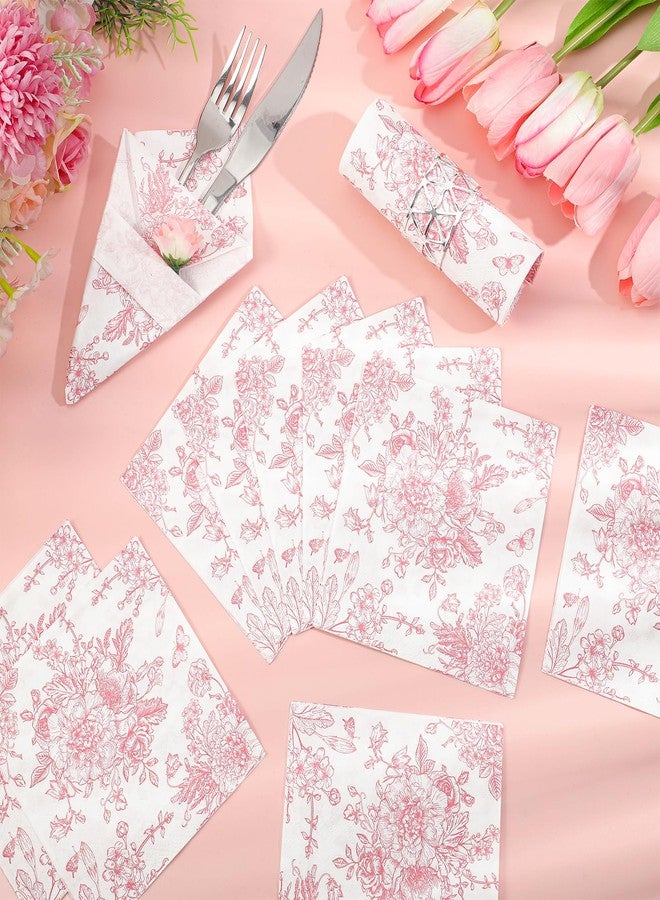 NatNarr 100 Pcs Pink Floral Napkins, Valentines Napkins Pink and White Toile Cocktail Napkin Vintage Flower Butterfly Design Decoupage Napkin for Easter, Wedding, Bridal Baby Shower, Tea Party - Image 3